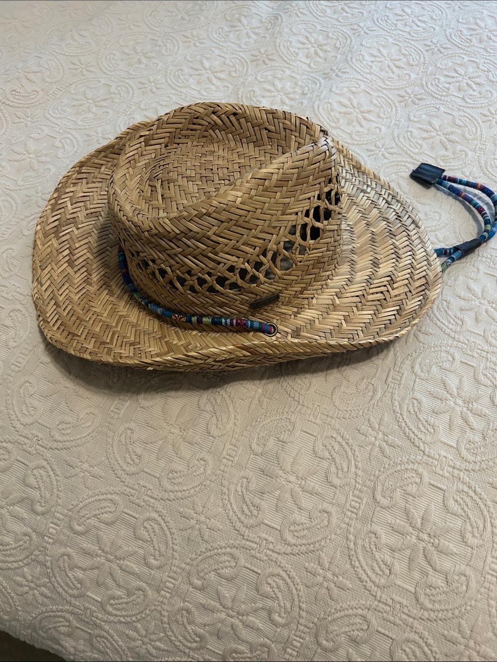 Sun N Sand Natural Straw Western-Style Sun Hat with Multicolor Beaded Chin Cord